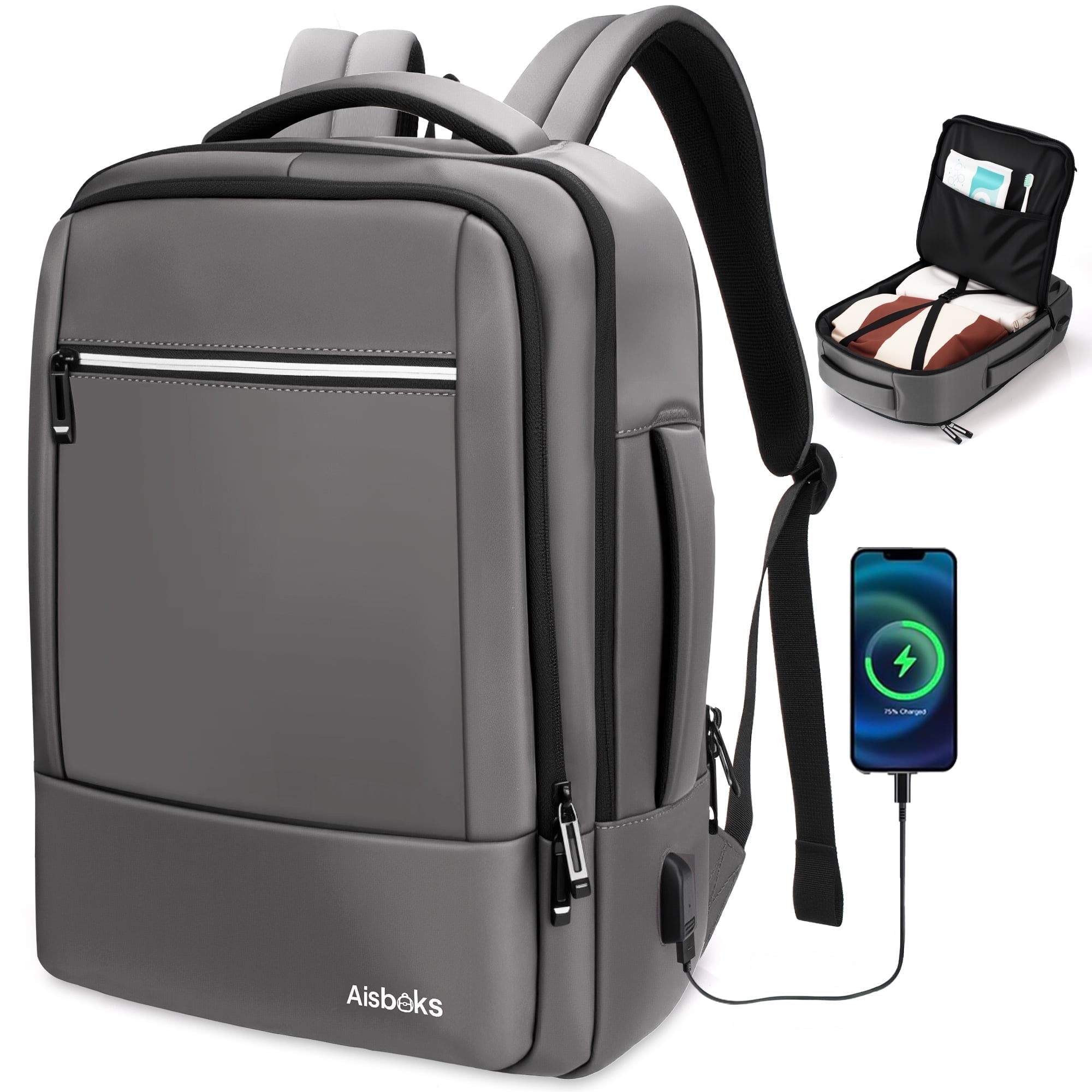 AISBOKS Travel Laptop Backpack with USB Charging Port-30L Luggage Bag for 13-17.3 Inch Laptops,Wear and Water Resistance Carry-On Backpack,Dark Gray