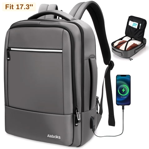 Aisboks Travel Backpack for Adult,17.3''Laptop Backpack with USB Charging Port,Airline Approved Personal Item Bag,Wear and Water Resistance Business Backpack,Dark GrayGift for Father's day