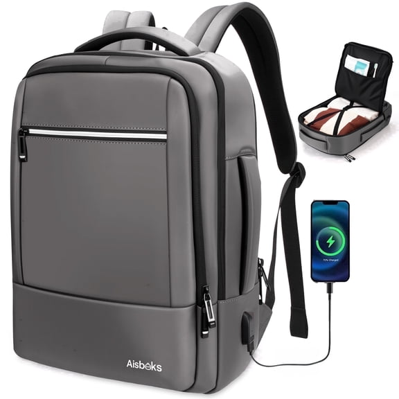 Aisboks Travel Laptop Backpack with USB Charging Port-30L Airline Approved Personal Item Bag For 17.3 Inch Laptops,Wear and Water Resistance Business Weekender Backpack,Dark Gray