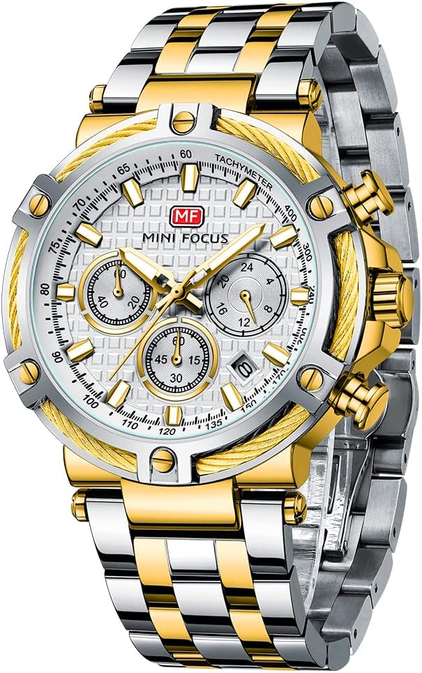 Business Men Watches (Chronograph/Waterproof/Luminous/Calendar/24 Hours) Big Face Stainless Steel Band Watches for Men