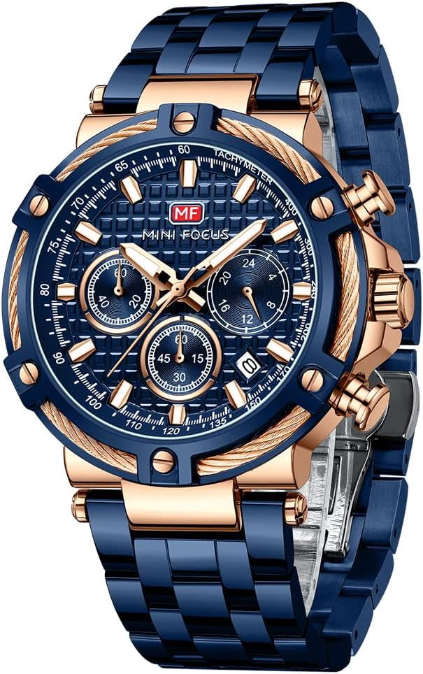 Business Men Watches (Chronograph/Waterproof/Luminous/Calendar/24 Hours) Big Face Stainless Steel Band Watches for Men