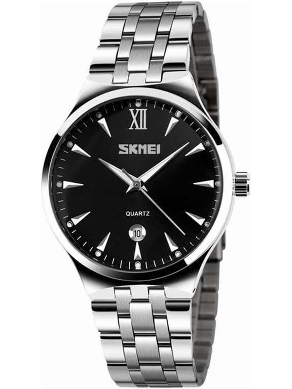 Business Men's Brand Watch Stainless Steel Band Date Display Good Looking Luminous Pointer Quartz Wristwatch (Silver+Black)