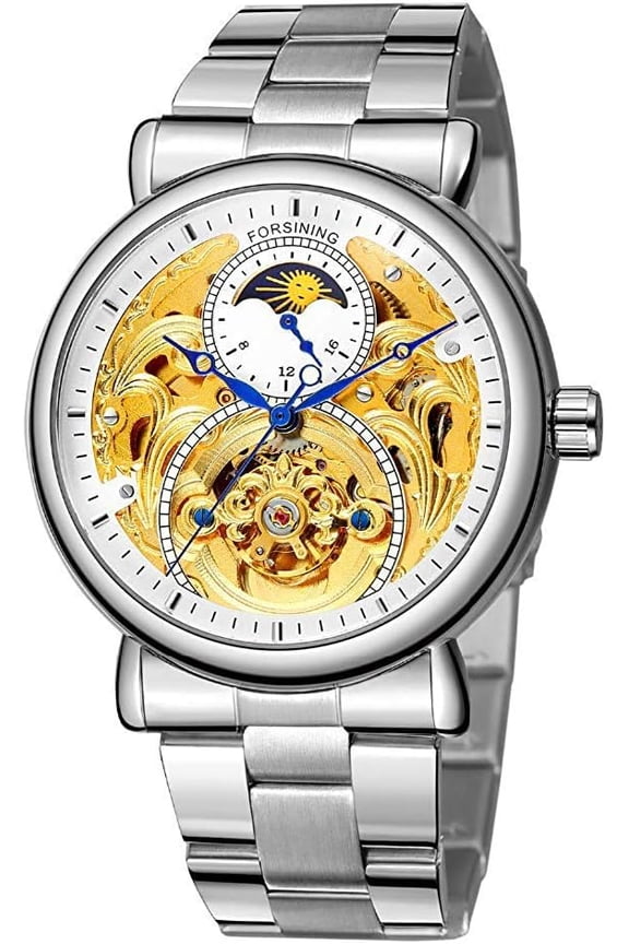 Business Mens Automatic Watch Stainless Steel Waterproof Moon Phase 24-Hours Gold Skeleton Watches