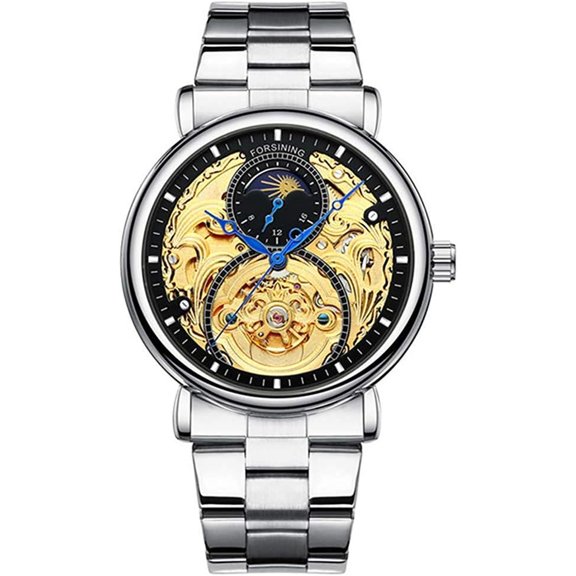 Business Mens Automatic Watch Stainless Steel Waterproof Moon Phase 24-Hours Gold Skeleton Watches