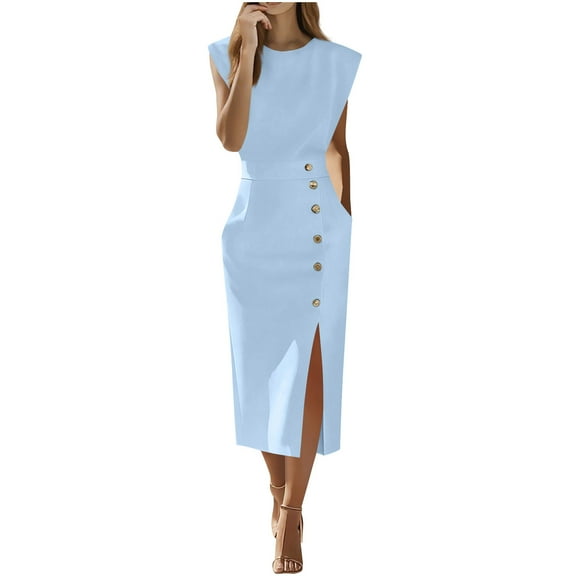 Business Office Formal Dress for Women Elegant Solid Color Crewneck Wedding Guest Split Dresses 2025 Fall Trendy