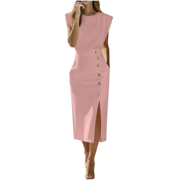 Business Office Formal Dress for Women Elegant Solid Color Crewneck Wedding Guest Split Dresses 2025 Fall Trendy