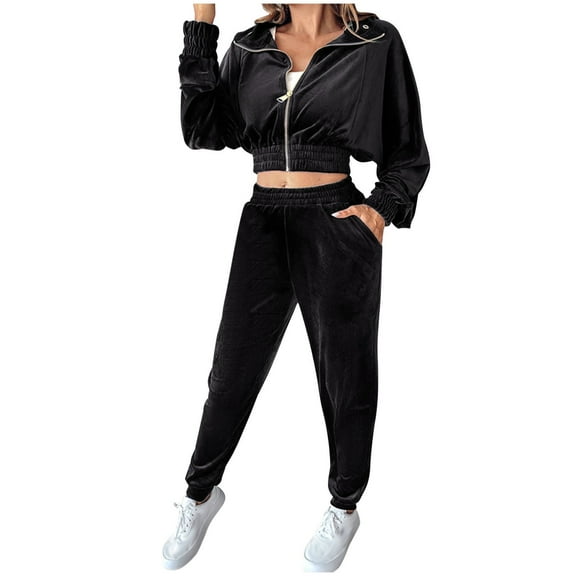 Business Outfits Women’s Tracksuit Set–2 Piece Slim Fitting Velour Velvet Casual Zip up Hoodie Cropped Jacket Sweatsuit and Sweatpants Set S-189 Black S