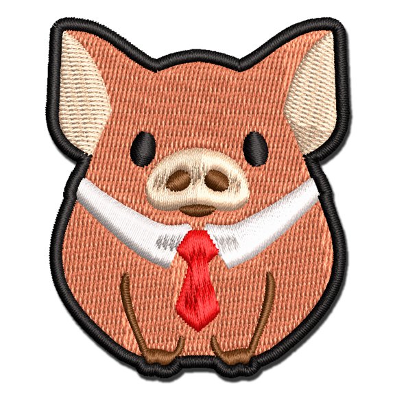 Business Pig Tie Collar Applique Multi-Color Embroidered Iron-On Patch - 2.0 Inch Mini