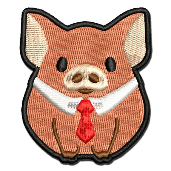 Business Pig Tie Collar Applique Multi-Color Embroidered Iron-On Patch - 2.5 Inch Small