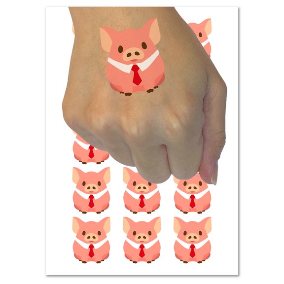 Business Pig Tie Collar Water Resistant Temporary Tattoo Set Fake Body Art Collection - 54 1" Tattoos (1 Sheet)