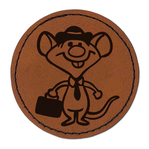 Business Rat Mouse with Hat and Suitcase Tie Round Iron-On Engraved Faux Leather Patch Applique - 2.5 Inch - Brown