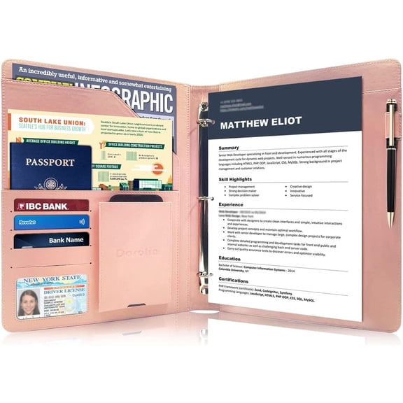 Business/Resume Portfolio Folder Binder, Padfolio with 3 Ring Interview/Conference/Legal Document Orizer, Leather for Women/Men-RG