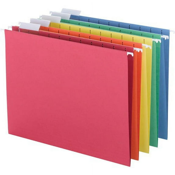 Business Source 1/5 Tab Cut Letter Recycled Hanging Folder - 8 1/2" x 11" - Top Tab Location - Blue, Green, Orange, Red, Yellow - 10% Recycled - 25 / Box | Bundle of 10 Boxes