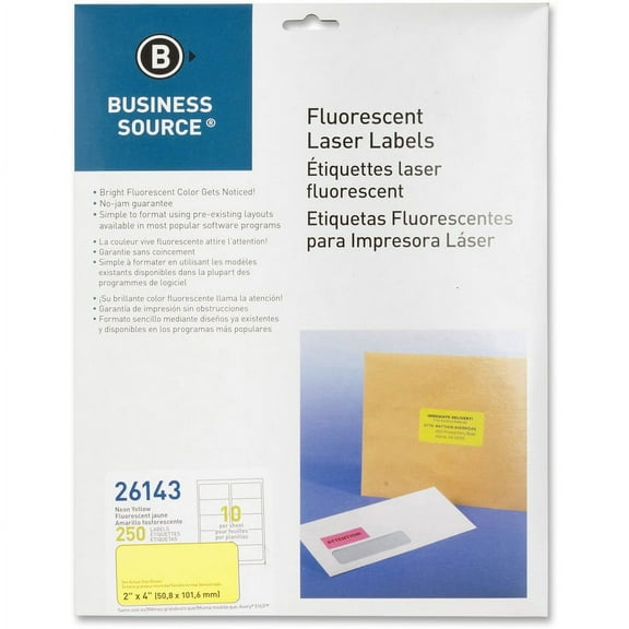 Business Source 2" Fluorescent Color Laser Labels - 2" x 4" Length - Permanent Adhesive - Rectangle - Laser - Neon Yellow - 10 / Sheet - 250 / Pack | Bundle of 2 Packs