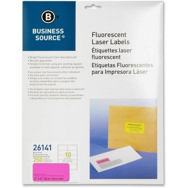 Business Source 2 Permanent Adhesive - 2" x 4" Length - Rectangle - Laser - Neon Pink - 10 / Sheet - 250 / Pack
