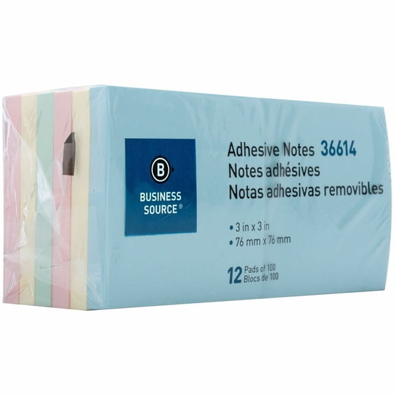 Business Source, BSN36614, 3" Plain Pastel Colors Adhesive Notes, 12 / Pack, Assorted