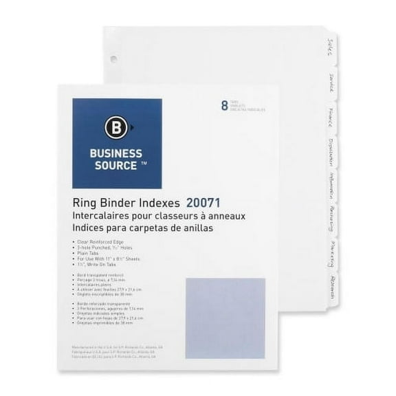 Business Source 3-Ring Plain Tab Indexes 8 Write-on Tab(s)1.25" Tab Width - 8.5" Divider Width x 11" Divider Length - Letter - 3 Hole Punched - White Divider - 100 / Box