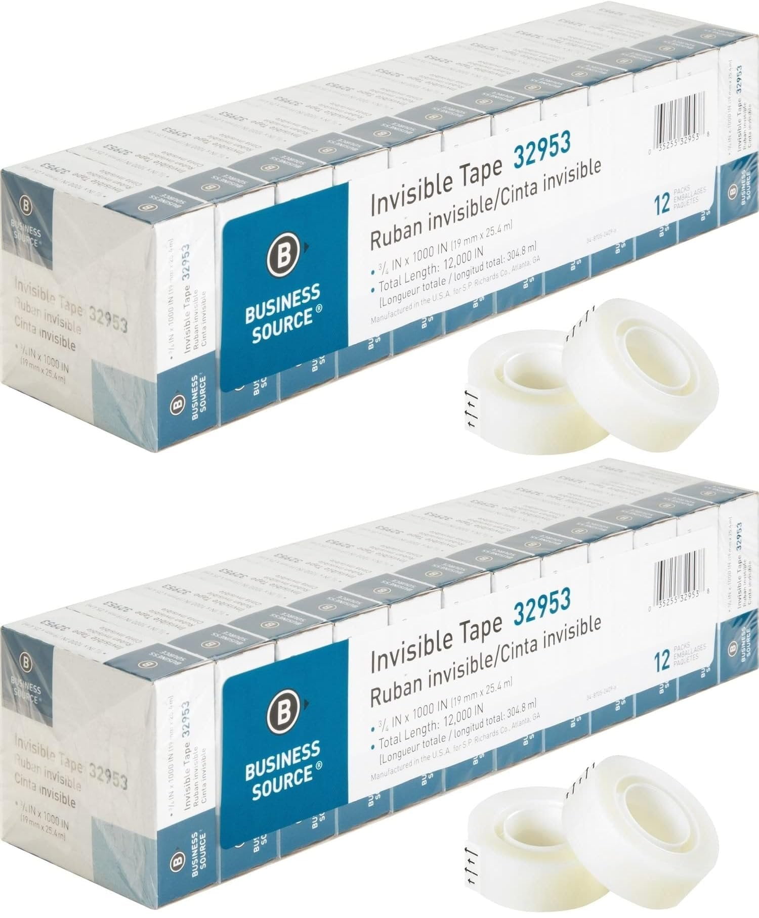 Business Source 32953 Invisible Tape Value Pk, 1-Inch Core, 3/4-Inch x1000-Inch, 12/PK, Clear - Pack of 2
