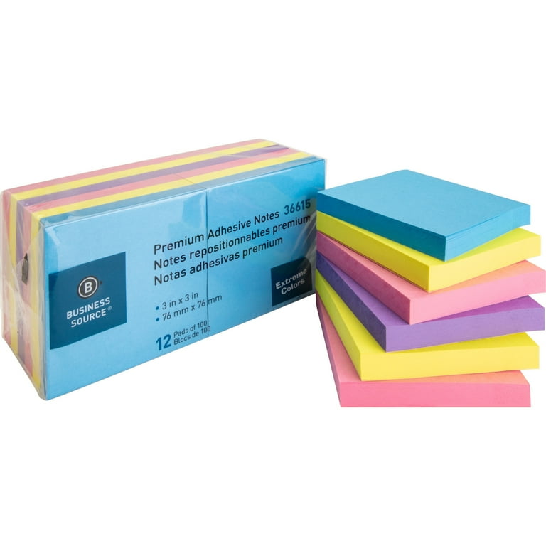 Business Source 3x3 Extreme Colors Adhesive Notes - 100 - 3 Business Source 3x3 Extreme Colors Adhesive Notes - 100 - 3