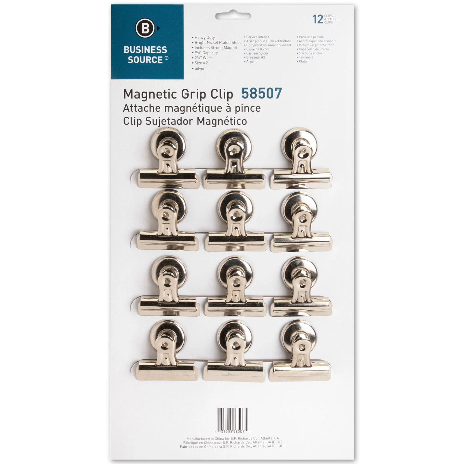 Business Source 58507 Magnetic Grip Clips, 2-1/4" Wide, Pack Of 12