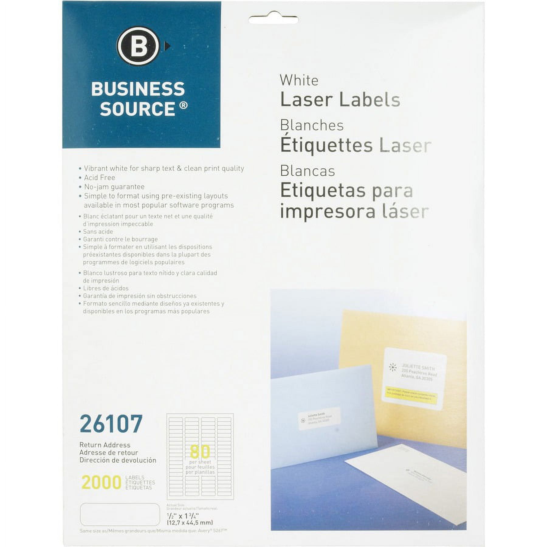 Business Source Address Laser Labels - 1/2" x 1 3/4" Length - Permanent Adhesive - Rectangle - Laser - White - 80 / Sheet - 25 Total Sheets - 2000 / P | Bundle of 2 Packs