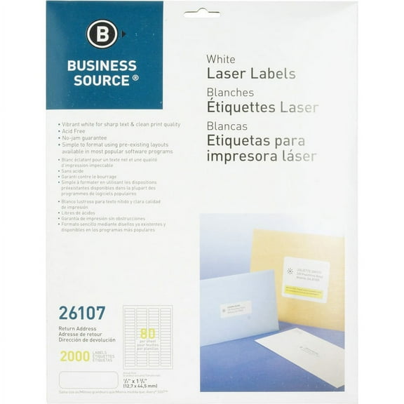 Business Source Address Laser Labels - 1/2" x 1 3/4" Length - Permanent Adhesive - Rectangle - Laser - White - 80 / Sheet - 25 Total Sheets - 2000 / Pack | Bundle of 5 Packs
