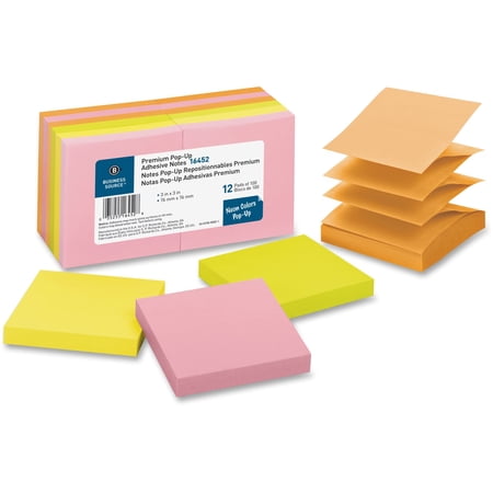 Business Source, BSN16452, Reposition Pop-up Adhesive Notes, 12 / Pack, Assorted Neon