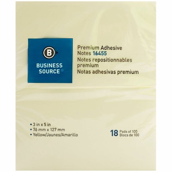Business Source, BSN16455, Repositionable Notes, 18 / Pack, Yellow, 3" x 5"