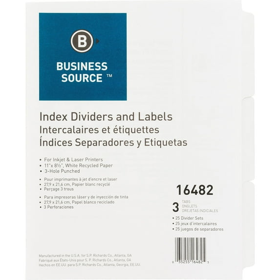 Business Source, BSN16482, 3-Hole Punched Laser Index Tabs, 25 / Box