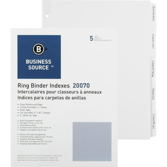 Business Source, BSN20070, 3-Ring Plain Tab Indexes, 100 / Box