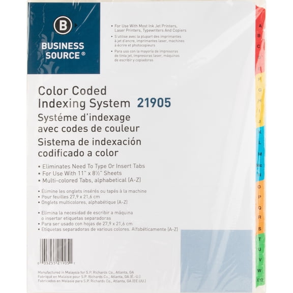Business Source, BSN21905, A-Z Tab Table of Contents Index Dividers, 25 / Set