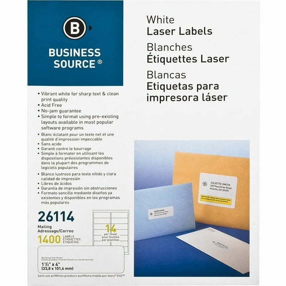 Business Source, BSN26114, Bright White Premium-quality Address Labels, 1400 / Pack, White