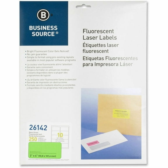 Business Source, BSN26142, Neon Labels, 250 / Pack, Neon Green