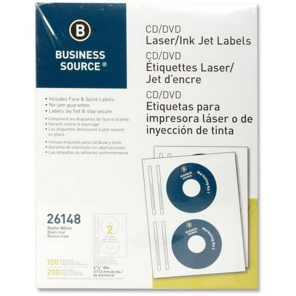 Business Source, BSN26148, CD/DVD Labels, 100 / Pack, White