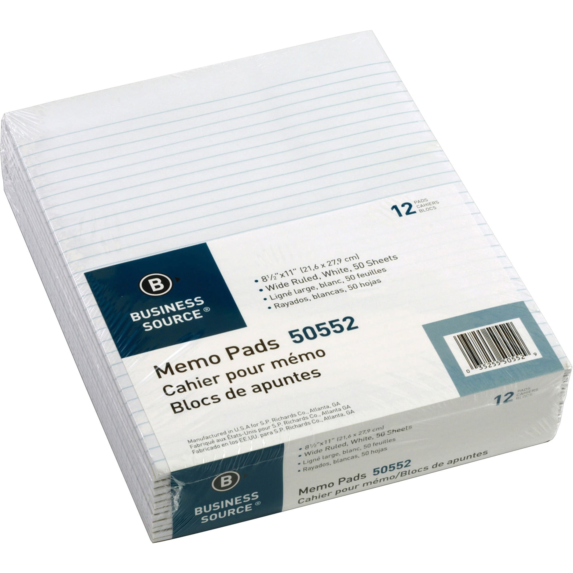 Business Source, BSN50552, Glued Top Ruled Memo Pads - Letter, 12 / Dozen