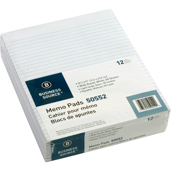 Business Source, BSN50552, glu Top Ruled Memo Pads - Letter, 12 / Dozen