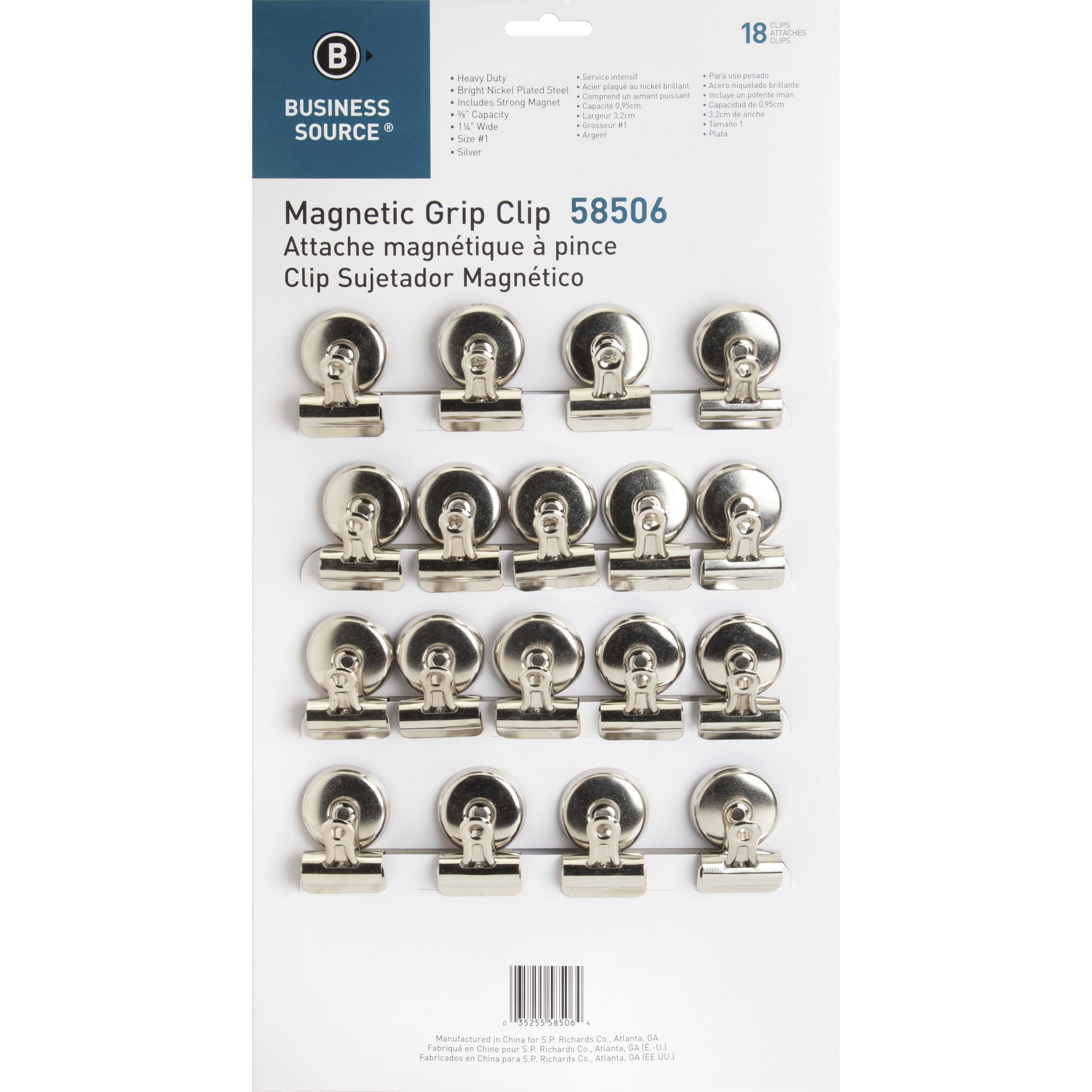 Business Source, BSN58506, Magnetic Grip Clips Pack, 18 / Box