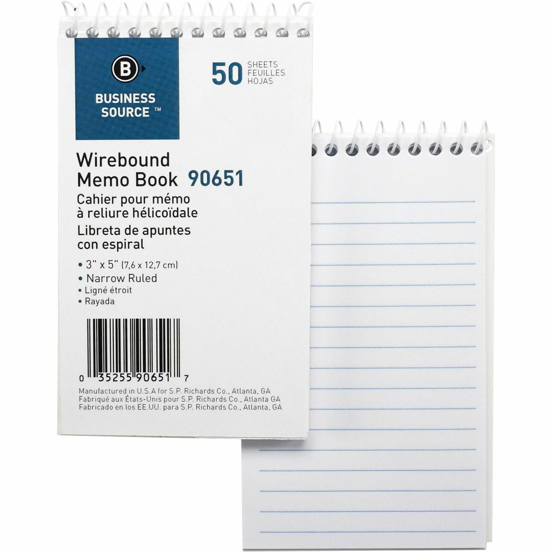 Business Source, BSN90651, Wirebound Memo Books, 12 / Dozen, White