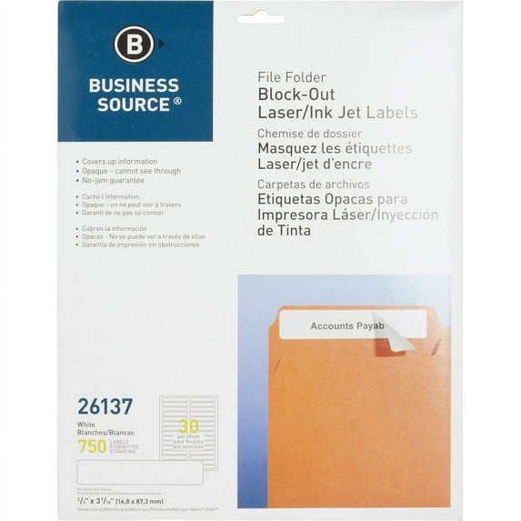 Business Source Block-out File Folder Labels - 3 7/16" Length - Permanent Adhesive - Laser, Inkjet - White - 30 / Sheet - 750 / Pack | Bundle of 5
