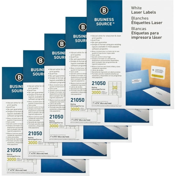 Business Source Bright White Premium-quality Address Labels - 1" X 2 5/8" Length - Permanent Adhesive - Rectangle - Laser, - White - 30 / Sheet - 100 Total Sheets - 15000 / Carton