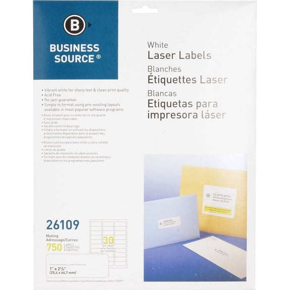 Business Source Bright White Premium-quality Address Labels - 1" x 2 5/8" Length - Permanent Adhesive - Rectangle - Laser, Inkjet - White - 30 / Sheet - 25 Total Sheets - 750 / Pack | Bundle of 5