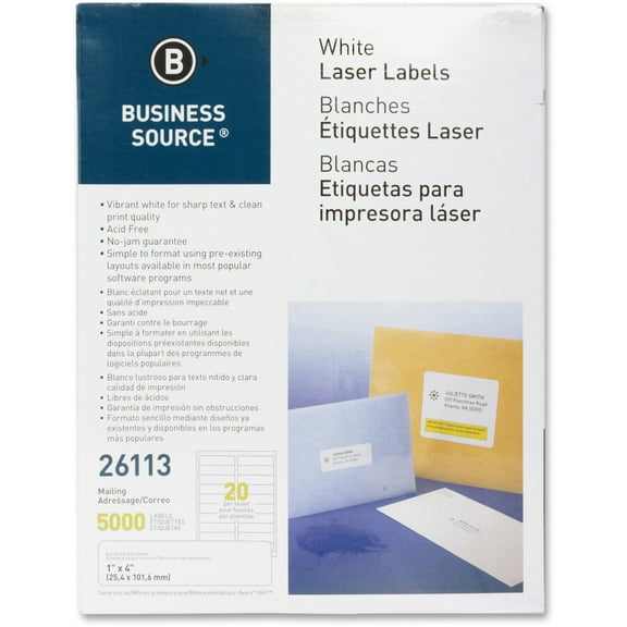 Business Source Bright White Premium-quality Address Labels - 1" x 4" Length - Permanent Adhesive - Rectangle - Laser, Inkjet - White - 20 / Sheet - 250 Total Sheets - 5000 / Pack | Bundle of 5