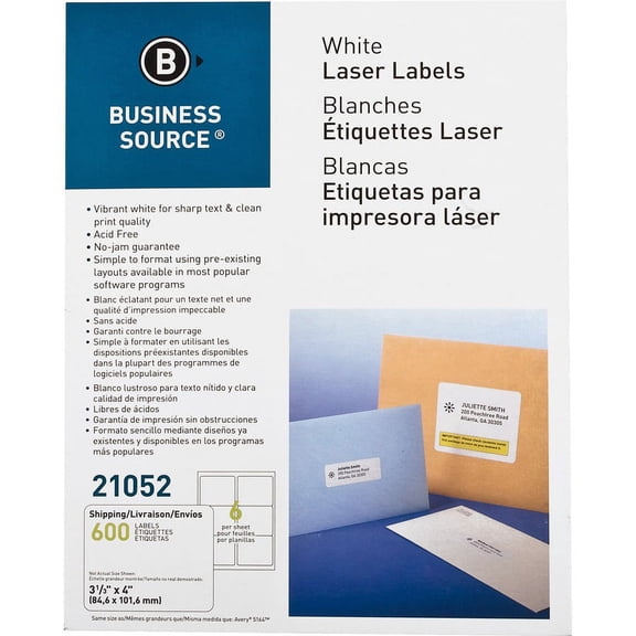 Business Source Bright White Premium-quality Address Labels - 3 1/3" x 4" Length - Permanent Adhesive - Rectangle - Laser, Inkjet - White - 6 / Sheet - 100 Total Sheets - 600 / Pack | Bundle of 5