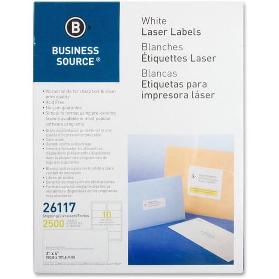 Business Source Bright White Premium-quality Shipping Labels - 2" x 4" Length - Permanent Adhesive - Rectangle - Laser, Inkjet - White - 10 / Sheet - 250 Total Sheets - 2500 / | Bundle of 10 Packs
