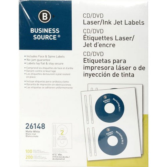 Business Source CD/DVD Labels - 4 5/8" Diameter - Permanent Adhesive - Circle - Inkjet, Laser - White - 100 / Pack - Lignin-free, Smudge Resistant | Bundle of 10 Packs