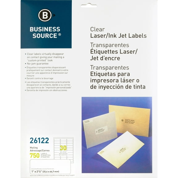 Business Source Clear Laser Print Mailing Labels - 1" x 2 3/4" Length - Permanent Adhesive - Rectangle - Laser - Clear - 30 / Sheet - 750 / Pack | Bundle of 5