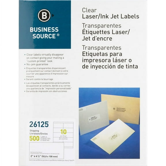 Business Source Clear Shipping Labels - 2" x 4 1/4" Length - Permanent Adhesive - Rectangle - Laser - Clear - 10 / Sheet - 500 / Pack | Bundle of 2 Packs