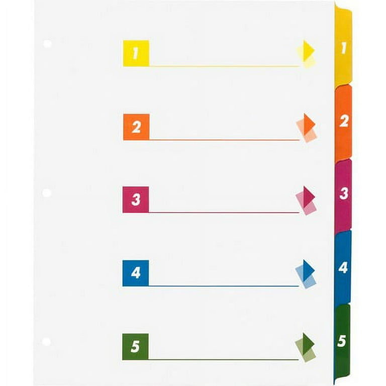 Business Source Color-coded Table of Contents/Tabs Index Dividers - Printed Tab(s) - Digit - 1-5 - 5 Tab(s)/Set - 3 Hole Punched - White Divider - Multicolor Mylar Tab(s) - 24 / Box Business Source Color-coded Table of Contents/Tabs Index Dividers - Printed Tab(s) - Digit - 1-5 - 5 Tab(s)/Set - 3 Hole Punched - White Divider - Multicolor Mylar Tab(s) - 24 / Box