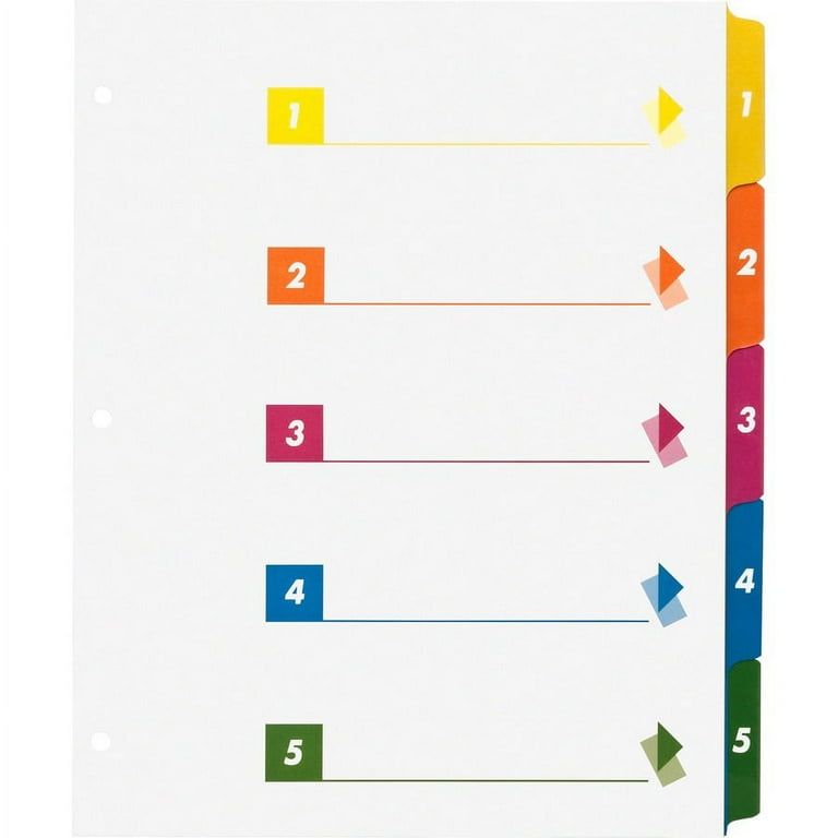 Business Source Color-coded Table of Contents/Tabs Index Dividers - Printed Tab(s) - Digit - 1-5 - 5 Tab(s)/Set - 3 Hole Punched - White Divider - Multicolor Mylar Tab(s) - 24 / Box Business Source Color-coded Table of Contents/Tabs Index Dividers - Printed Tab(s) - Digit - 1-5 - 5 Tab(s)/Set - 3 Hole Punched - White Divider - Multicolor Mylar Tab(s) - 24 / Box
