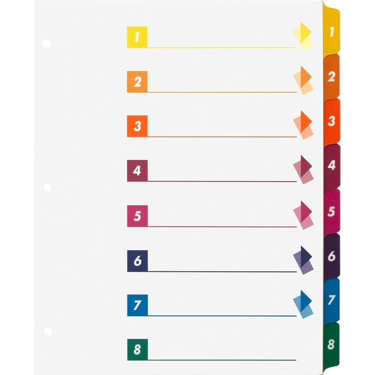 Business Source Color-coded Table of Contents/Tabs Index Dividers - Printed Tab(s) - Digit - 1-8 - 8 Tab(s)/Set - 3 Hole Punched - White Divider - Multicolor Mylar Tab(s) - 24 / Box Business Source Color-coded Table of Contents/Tabs Index Dividers - Printed Tab(s) - Digit - 1-8 - 8 Tab(s)/Set - 3 Hole Punched - White Divider - Multicolor Mylar Tab(s) - 24 / Box